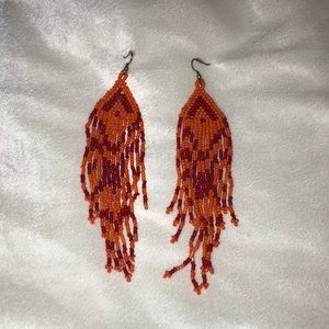 Orange and red beaded fringe Aztec Earrings